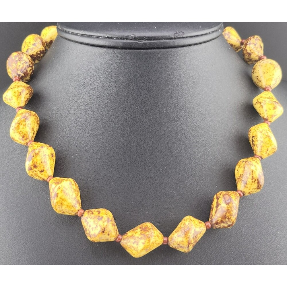 Chunky Vintage Signed Austria Brown Yellow Pottery Beads 18" Necklace